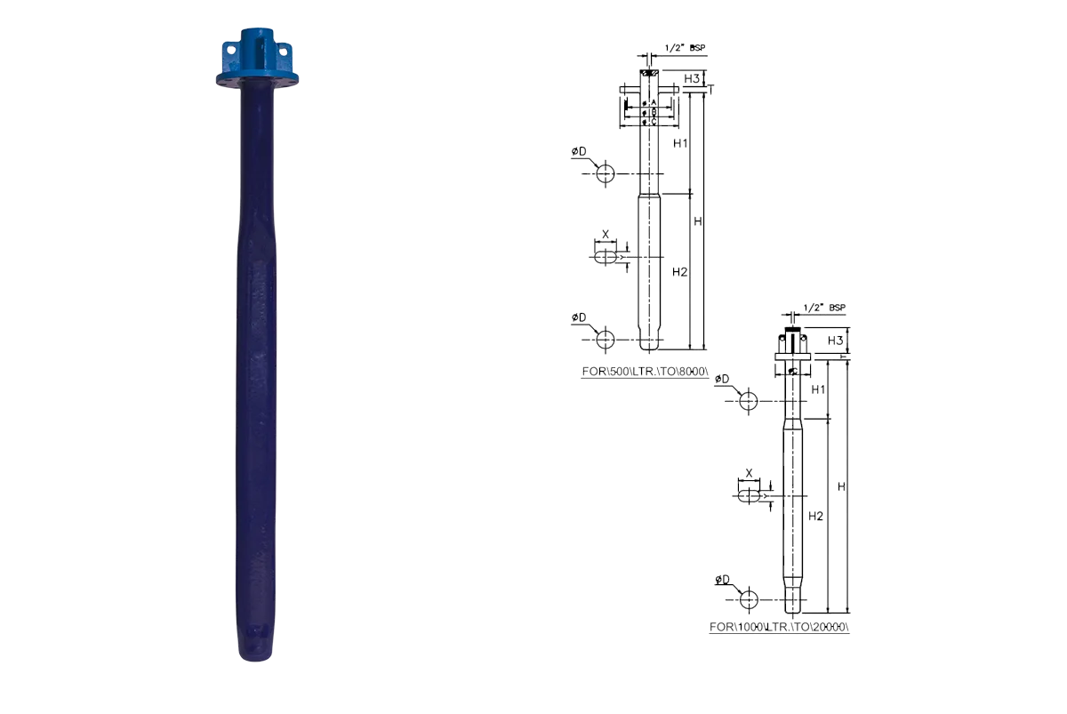 MS Glass Lined Top Mounted Baffle Cum Thermowell 2D Structure - Glasskem